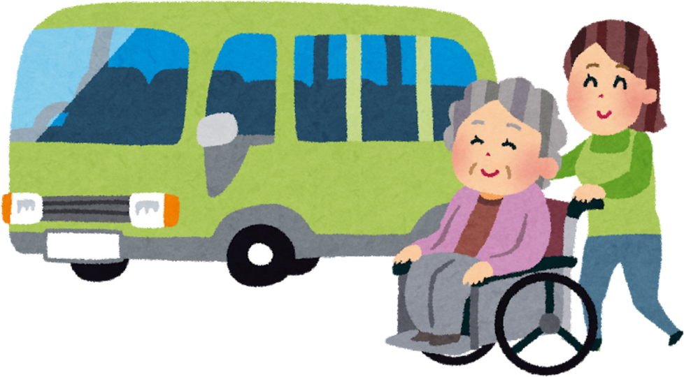 Illustration of Caregiver Assisting Elderly Woman with Wheelchair Near a Shuttle Bus